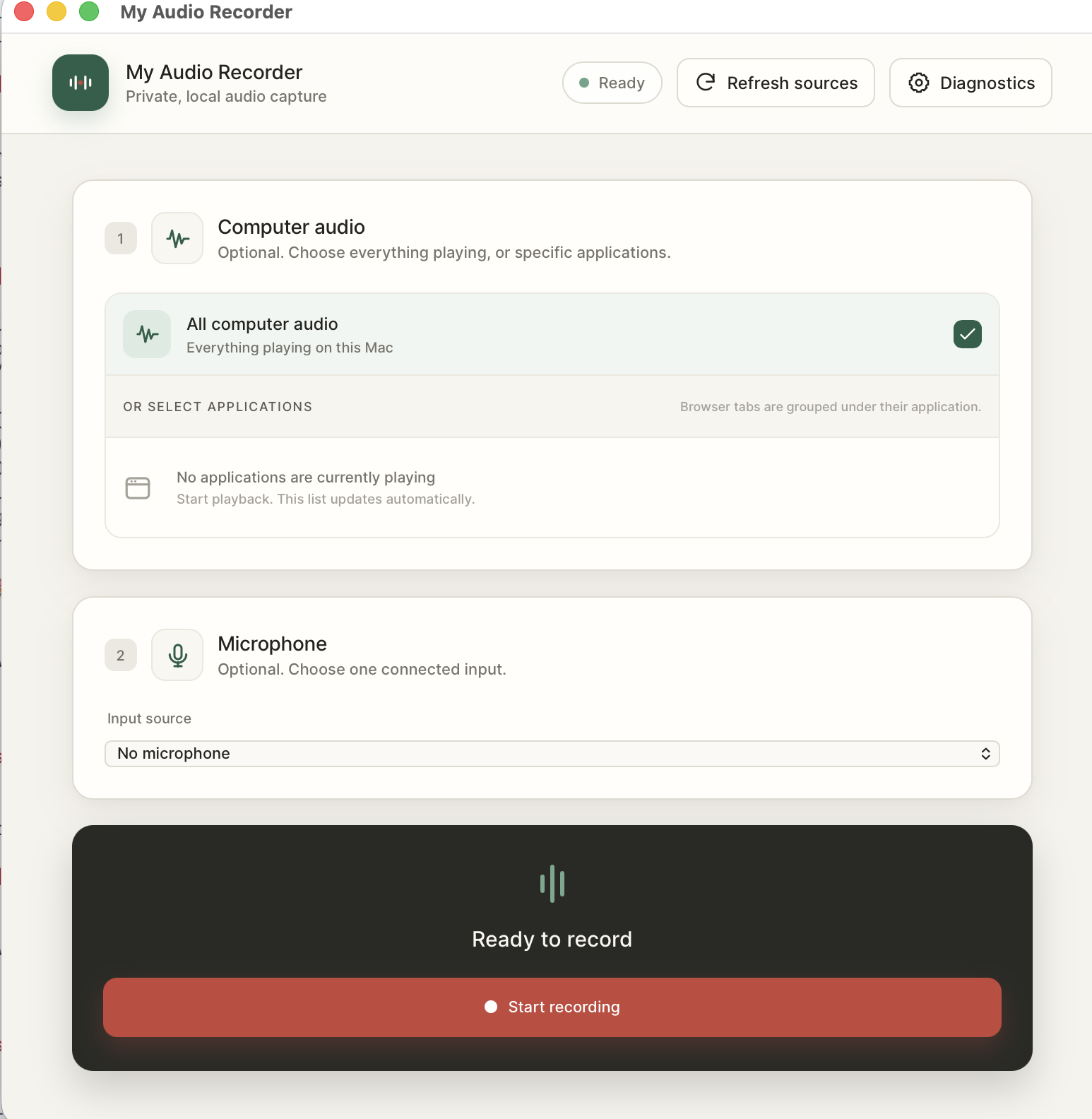 My Audio Recorder interface showing computer audio, microphone selection, and the recording controls